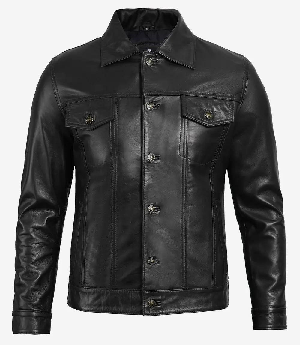 Mens Classic Black Trucker Jacket Four Pocket Leather Design