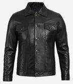 Mens Classic Black Trucker Jacket Four Pocket Leather Design