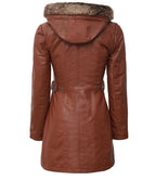Women Brown Leather Fur Coat Removable Hood