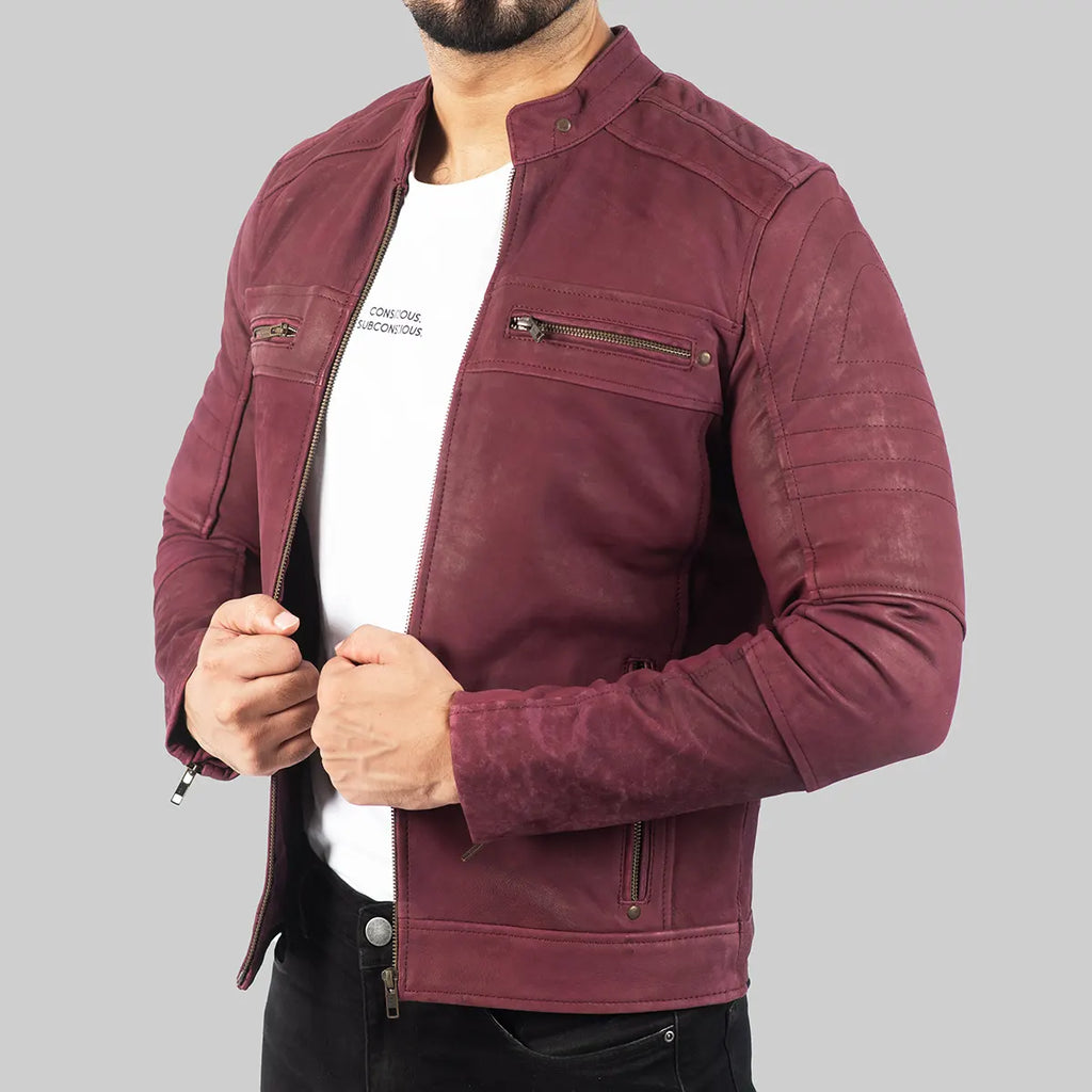 Men’s Burgundy Distressed Leather Biker Jacket