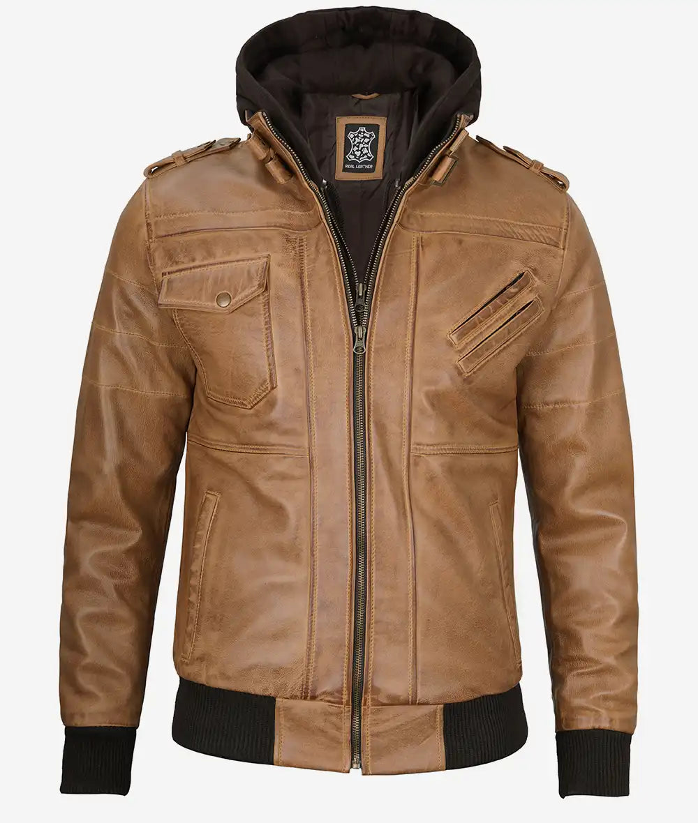 Mens Stylish Camel Brown Leather Bomber Jacket – Removable Hood
