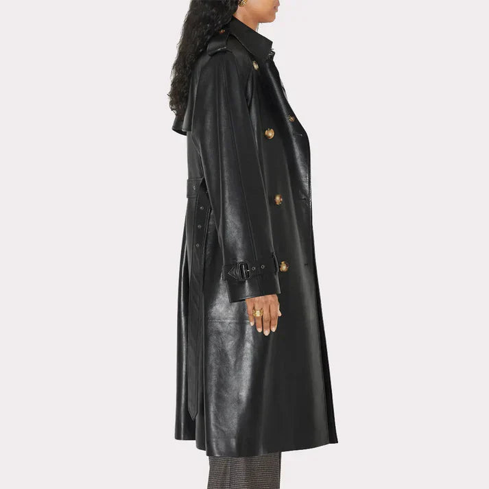 Women Black Leather Trench Coat