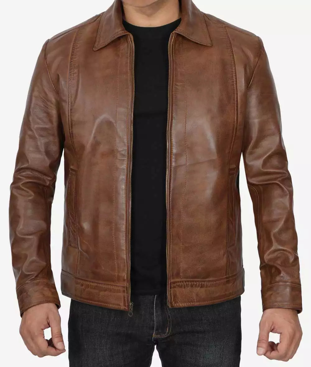Mens Chocolate Brown Leather Jacket – Reeves Shirt Collar Style