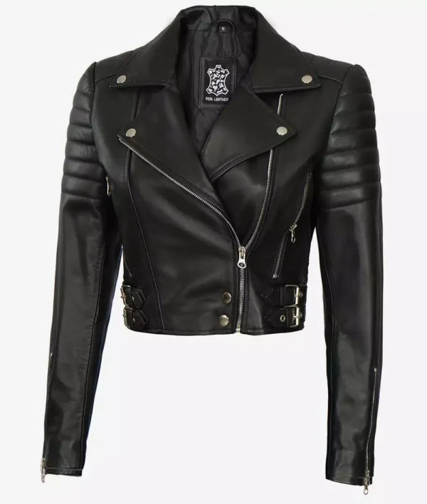 Women Black Cropped Moto Leather Jacket