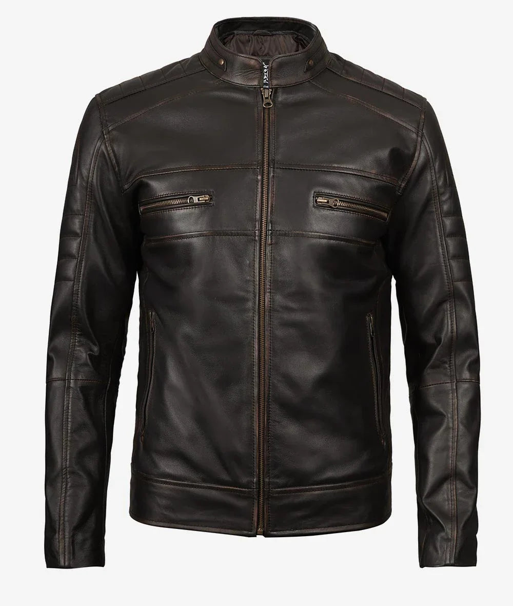 Real Leather Brown Biker Jacket for Men Vintage Style