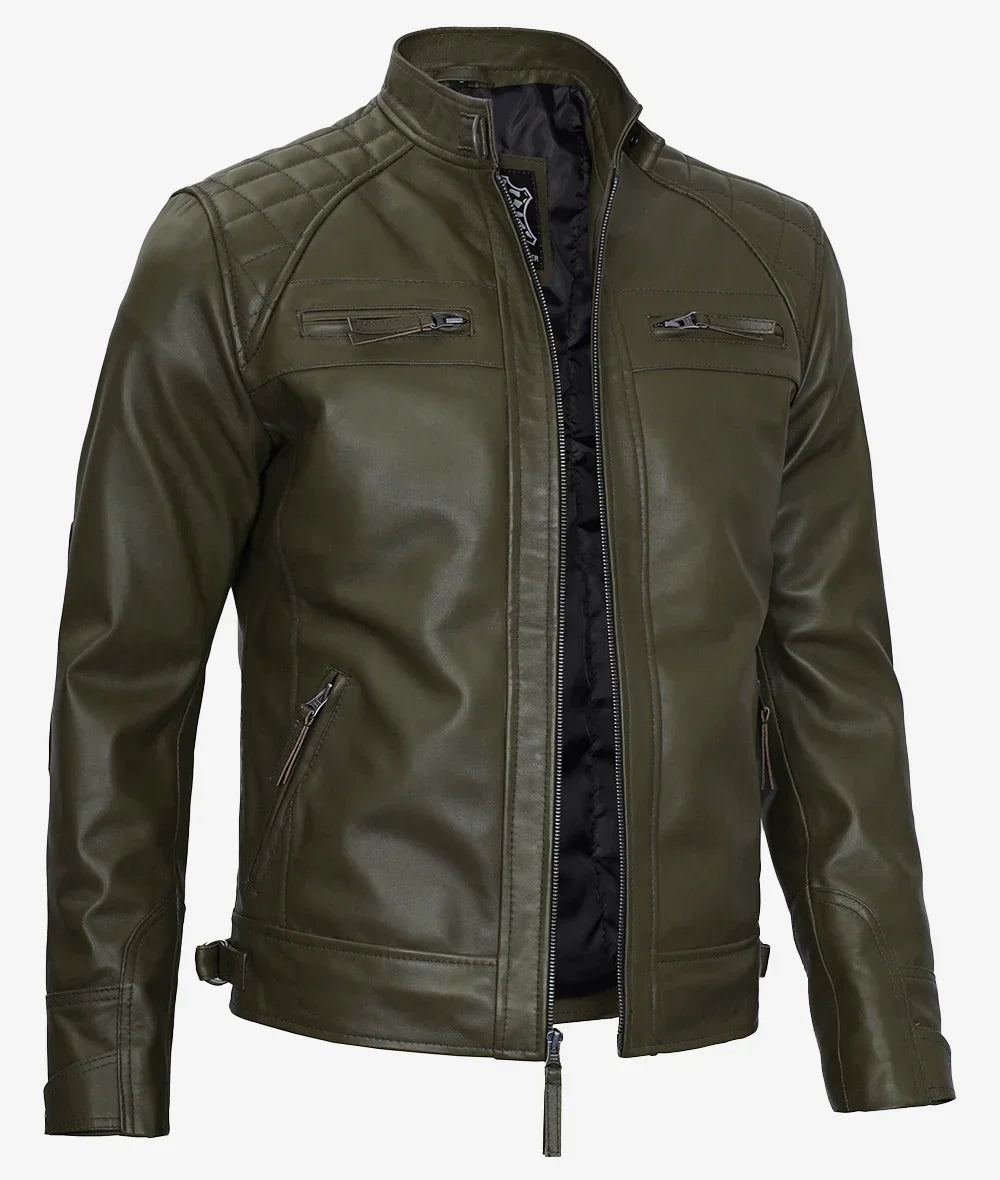 Premium Olive Green Cafe Racer Leather Jacket Men's Quilted Edition