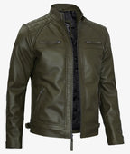 Premium Olive Green Cafe Racer Leather Jacket Men's Quilted Edition