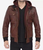 Men’s Tall Fit Dark Brown Leather Bomber Jacket – Hooded & Removable