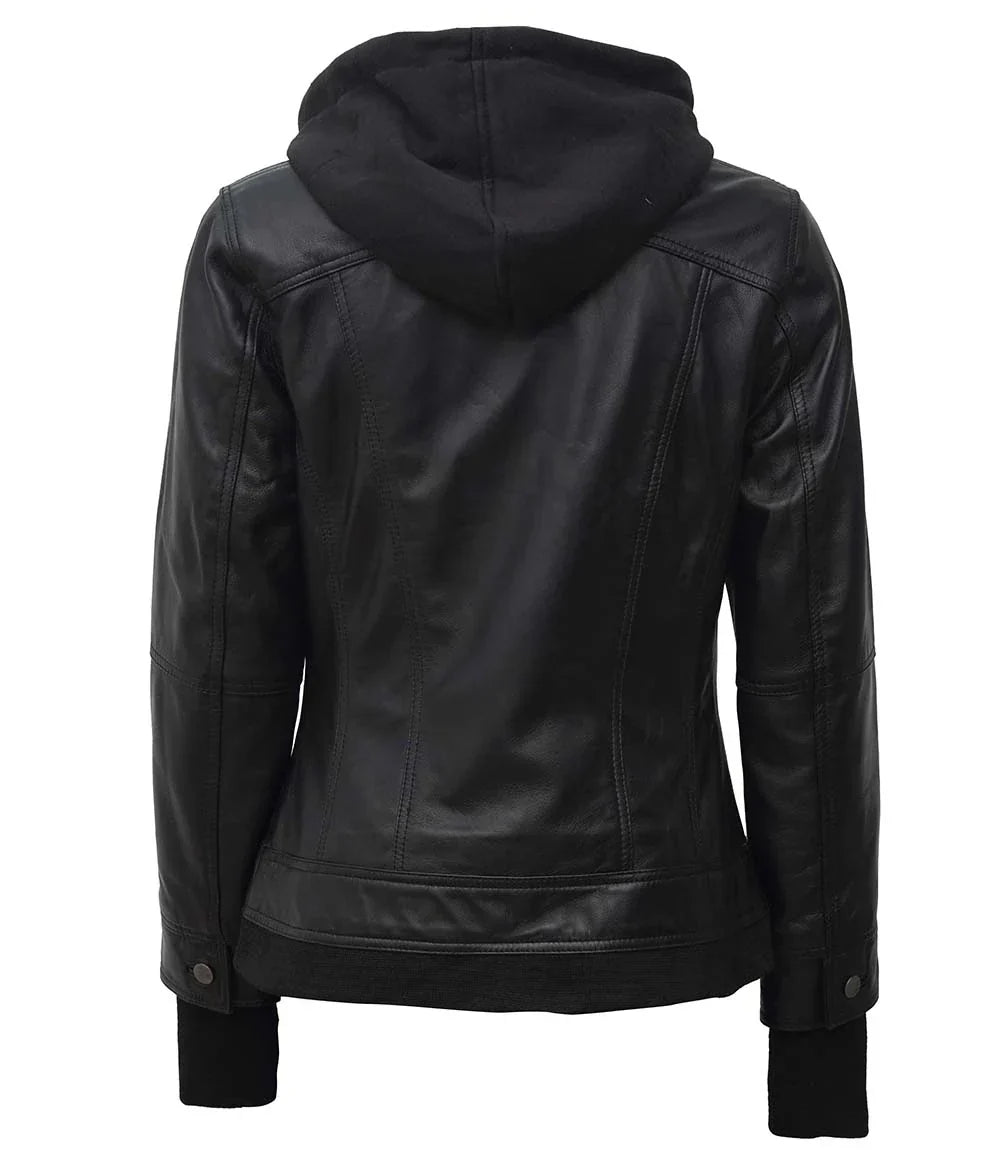 Tralee Black Leather Bomber Jacket With Hood