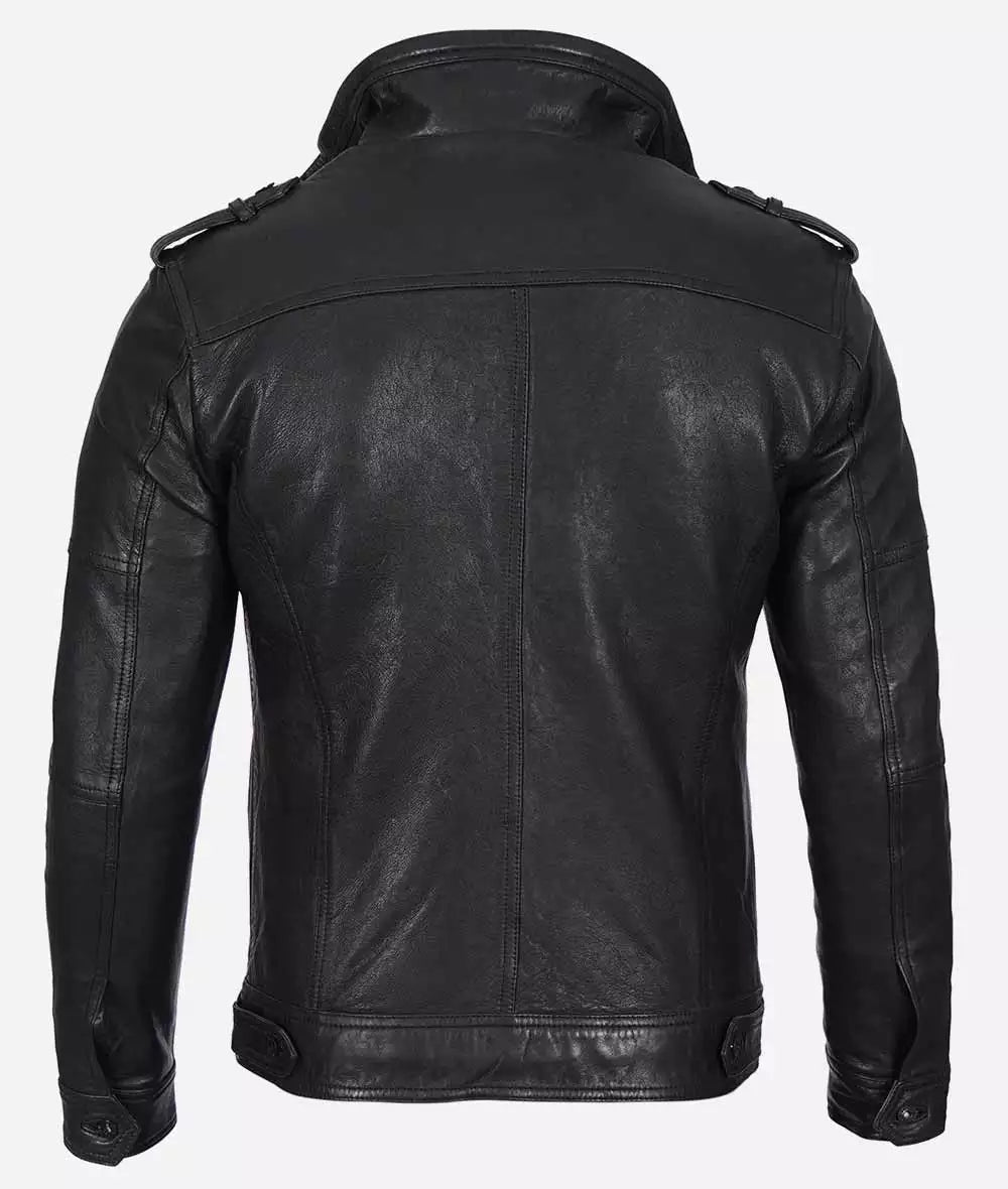 Mens Black Washed Leather Biker Jacket