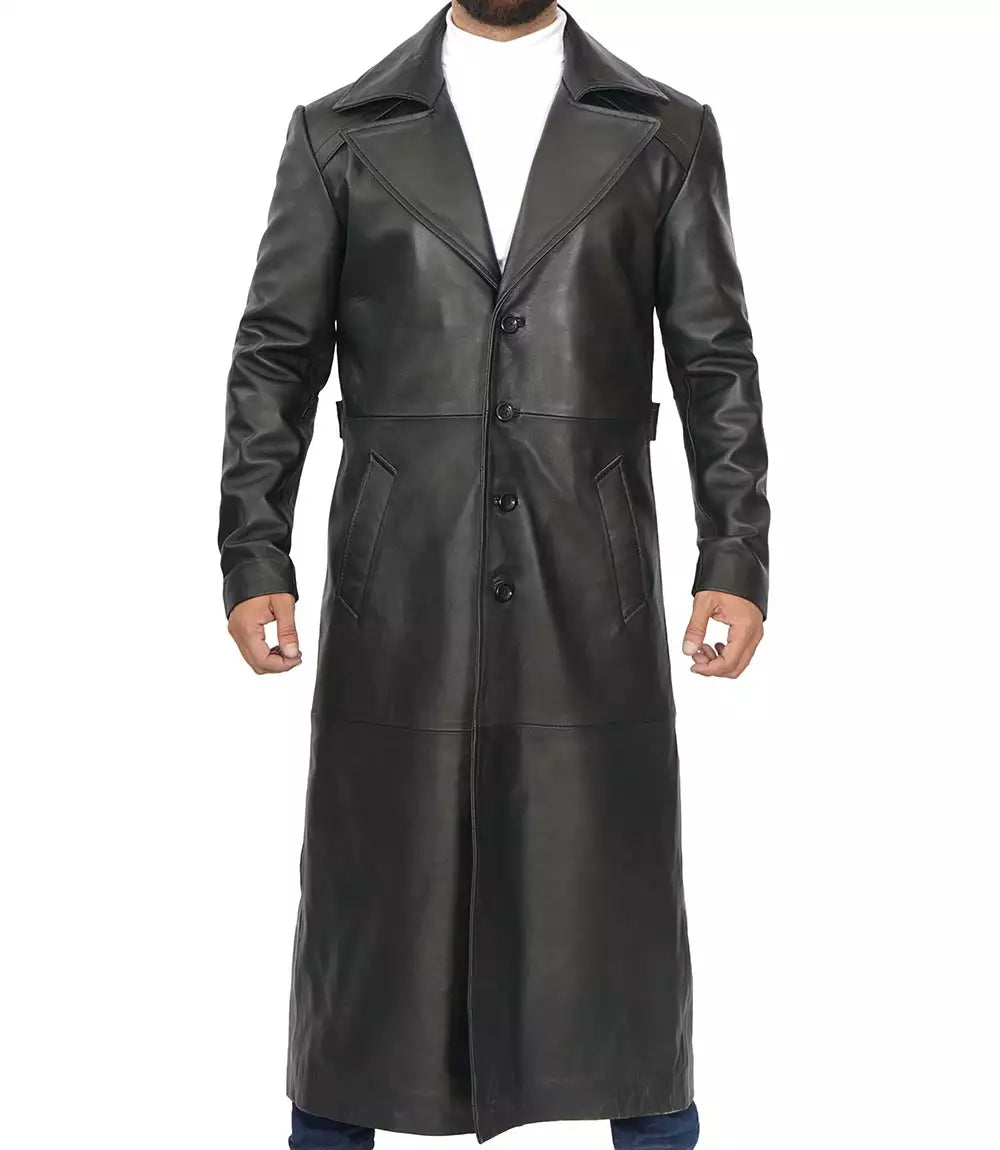 Men's Full-Length Black Leather Duster Coat