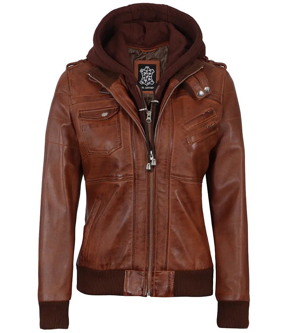 Womens Cognac Brown Leather Bomber Jacket With Removable Hood