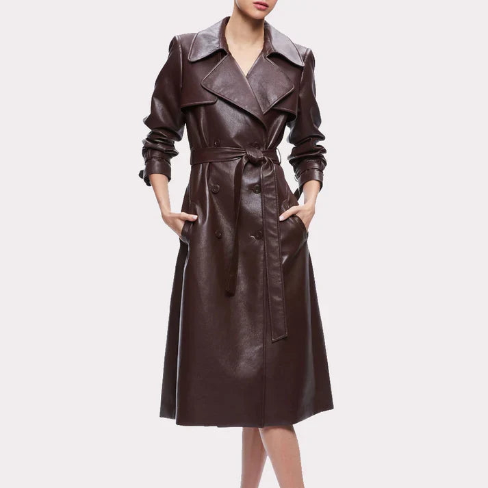 Women Chocolate Brown Leather Trench Coat