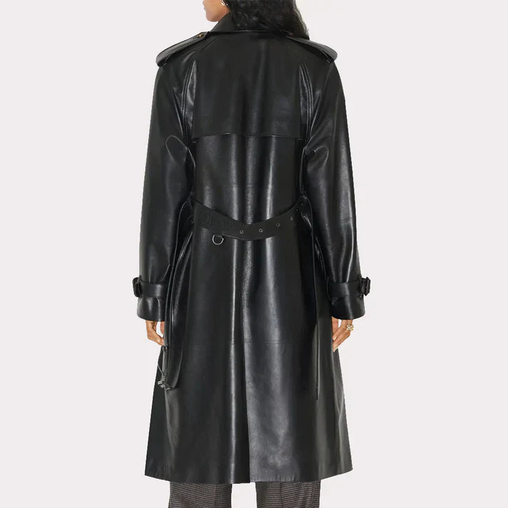 Women Black Leather Trench Coat