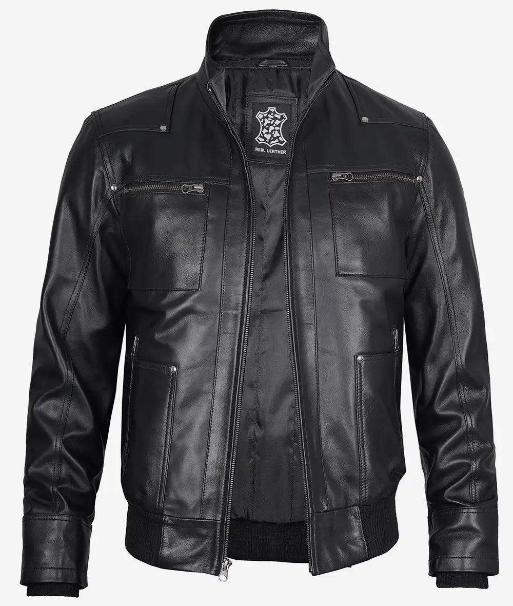 Black Leather Bomber Jacket for Men Detachable Hood