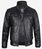 Black Leather Bomber Jacket for Men Detachable Hood