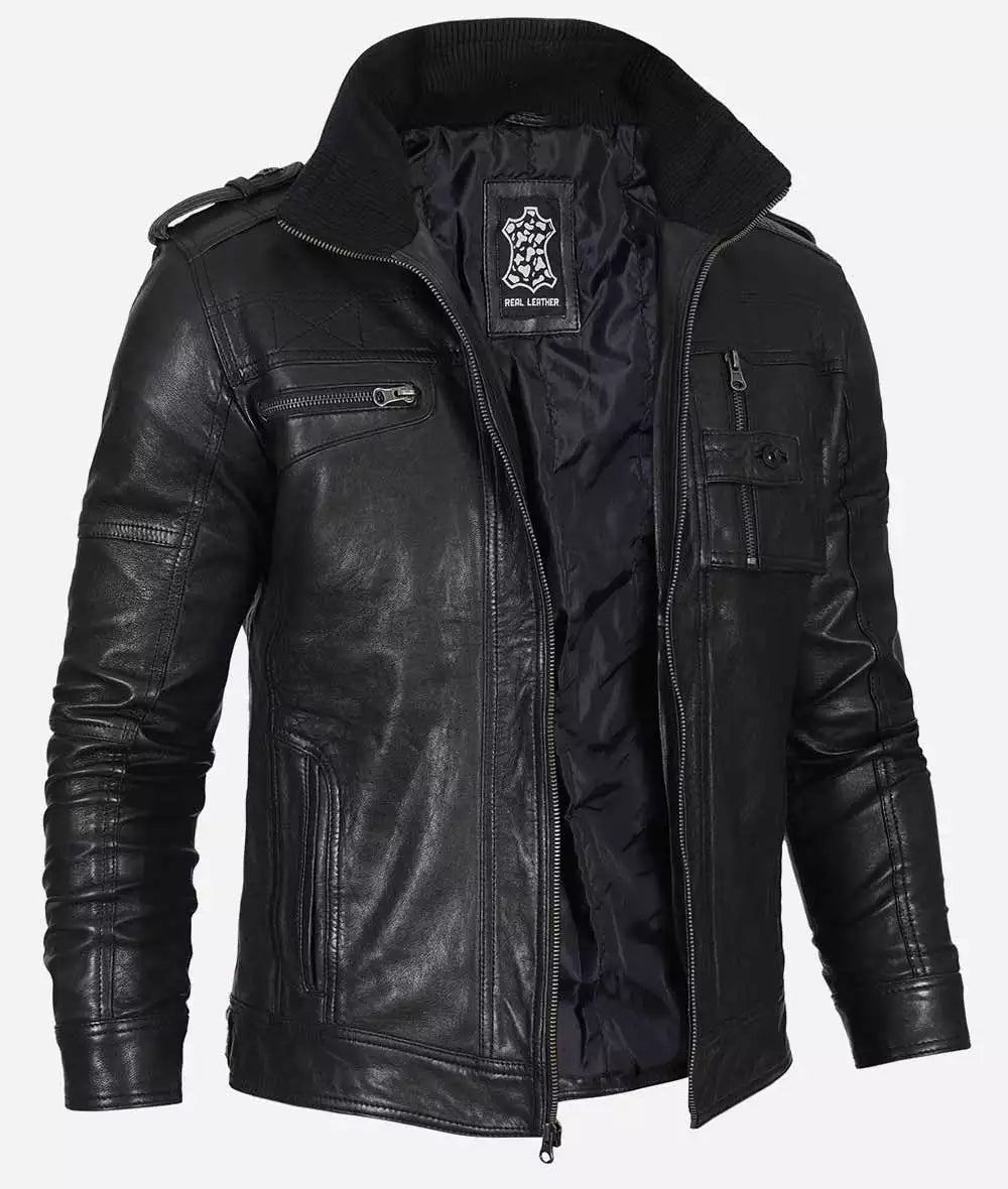 Mens Black Washed Leather Biker Jacket