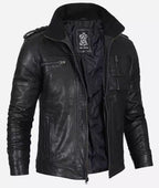 Mens Black Washed Leather Biker Jacket