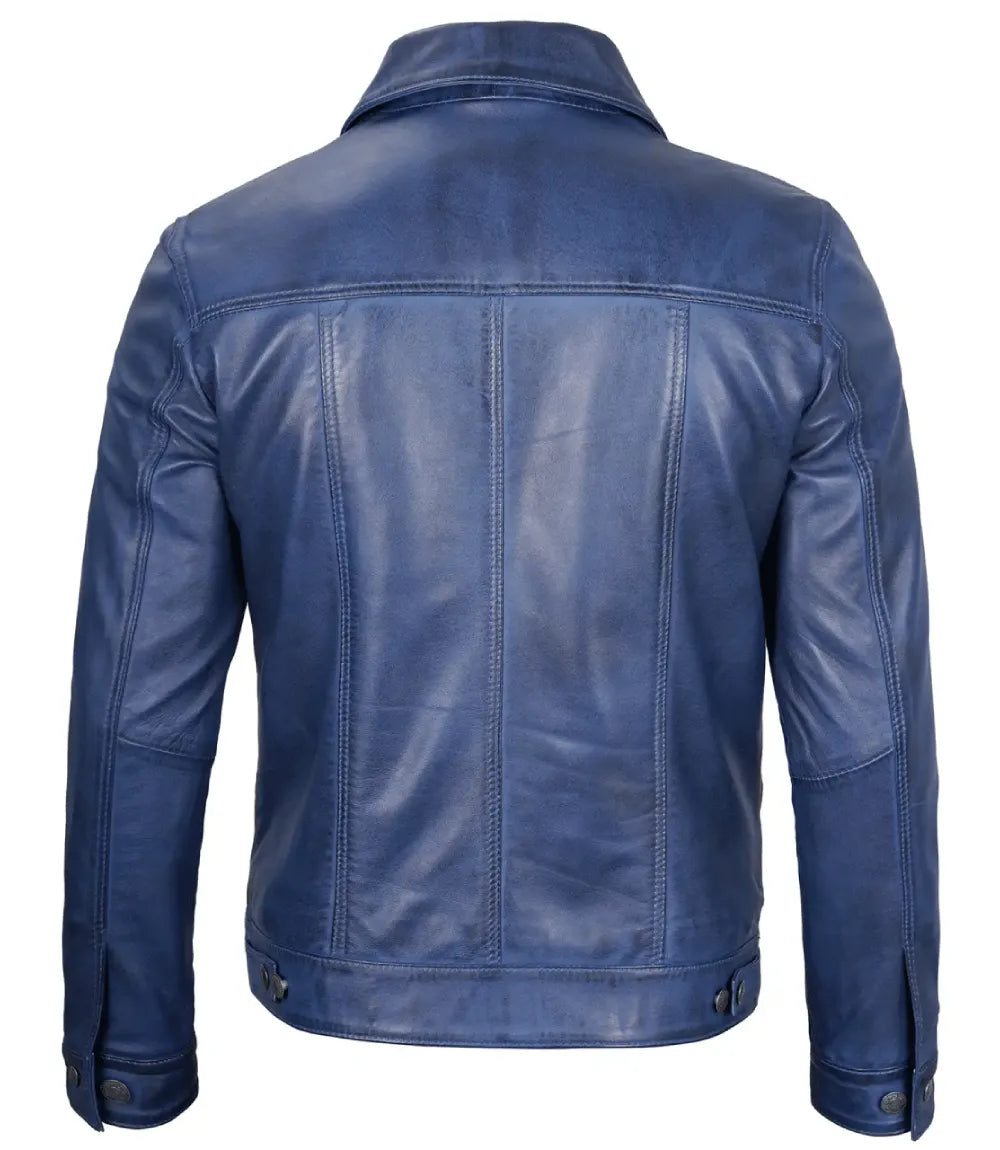 Mens Classic Blue Leather Trucker Jacket – Genuine Lambskin
