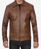 Mens Chocolate Brown Leather Jacket – Reeves Shirt Collar Style