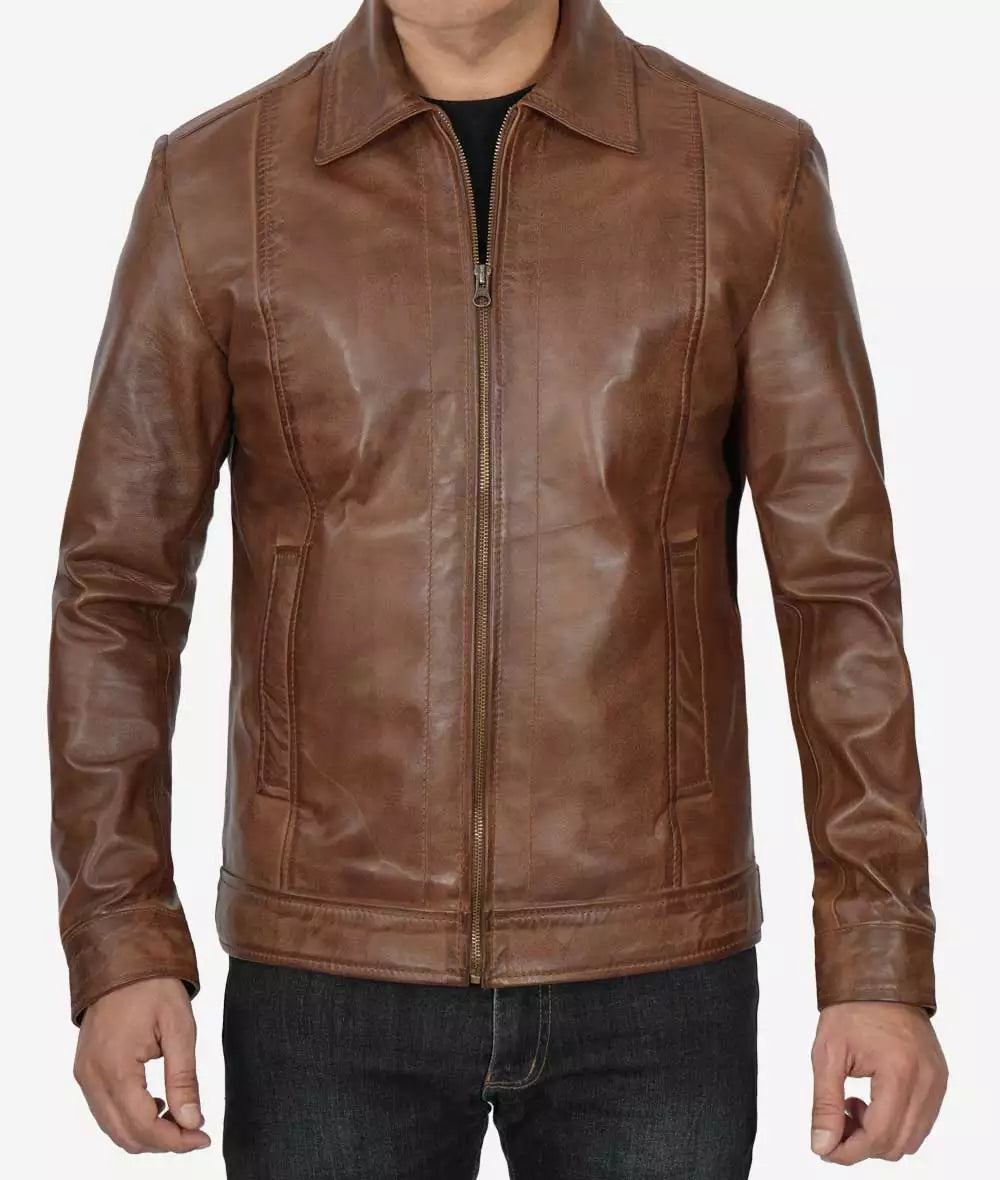 Mens Chocolate Brown Leather Jacket – Reeves Shirt Collar Style