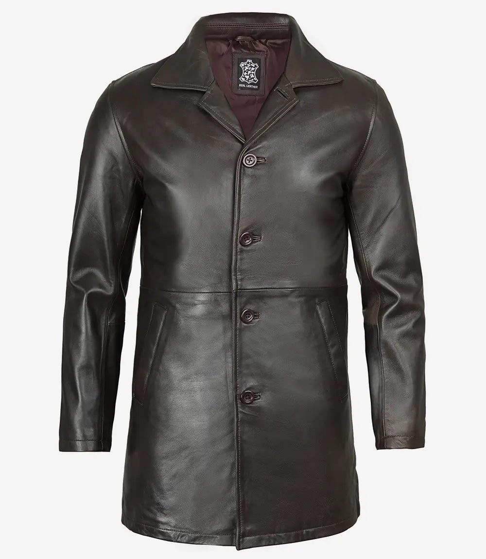 Mens Dark Brown Leather Car Coat – 3/4 Length