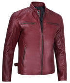 Waxed Maroon Cafe Racer Leather Jacket for Men