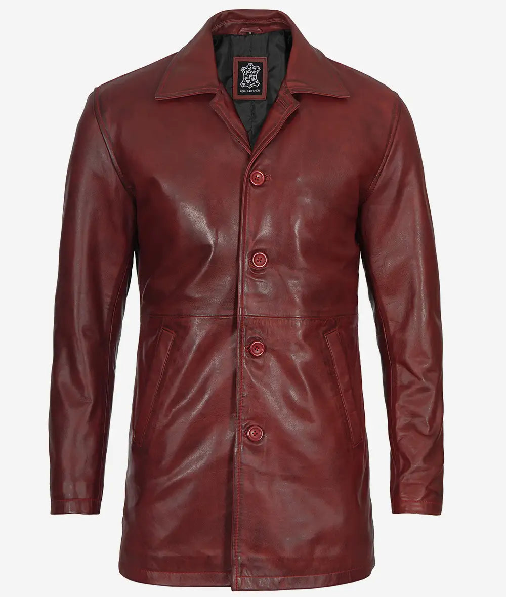 Men's Real Leather Maroon Coat - 3/4 Length