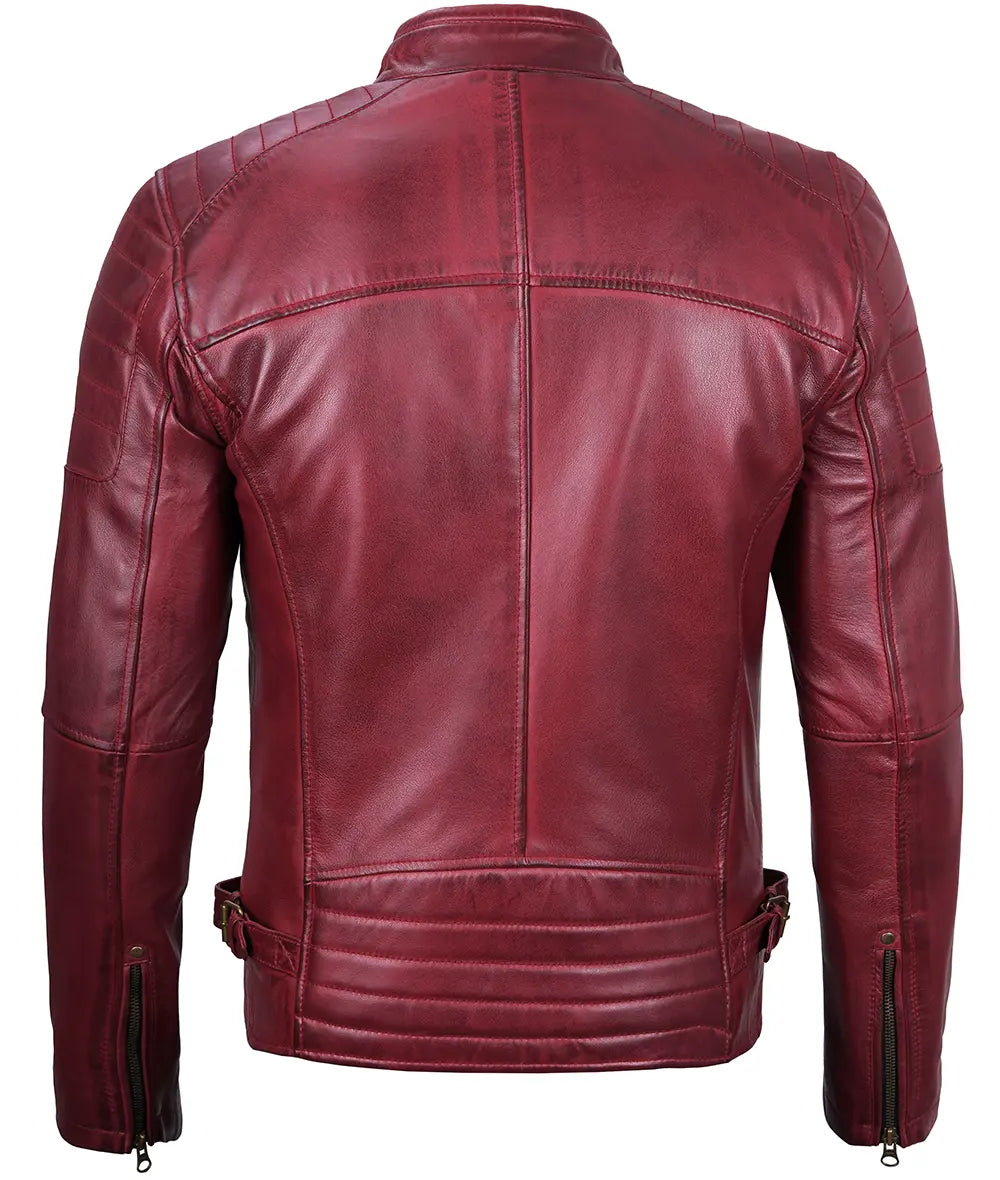 Waxed Maroon Cafe Racer Leather Jacket for Men