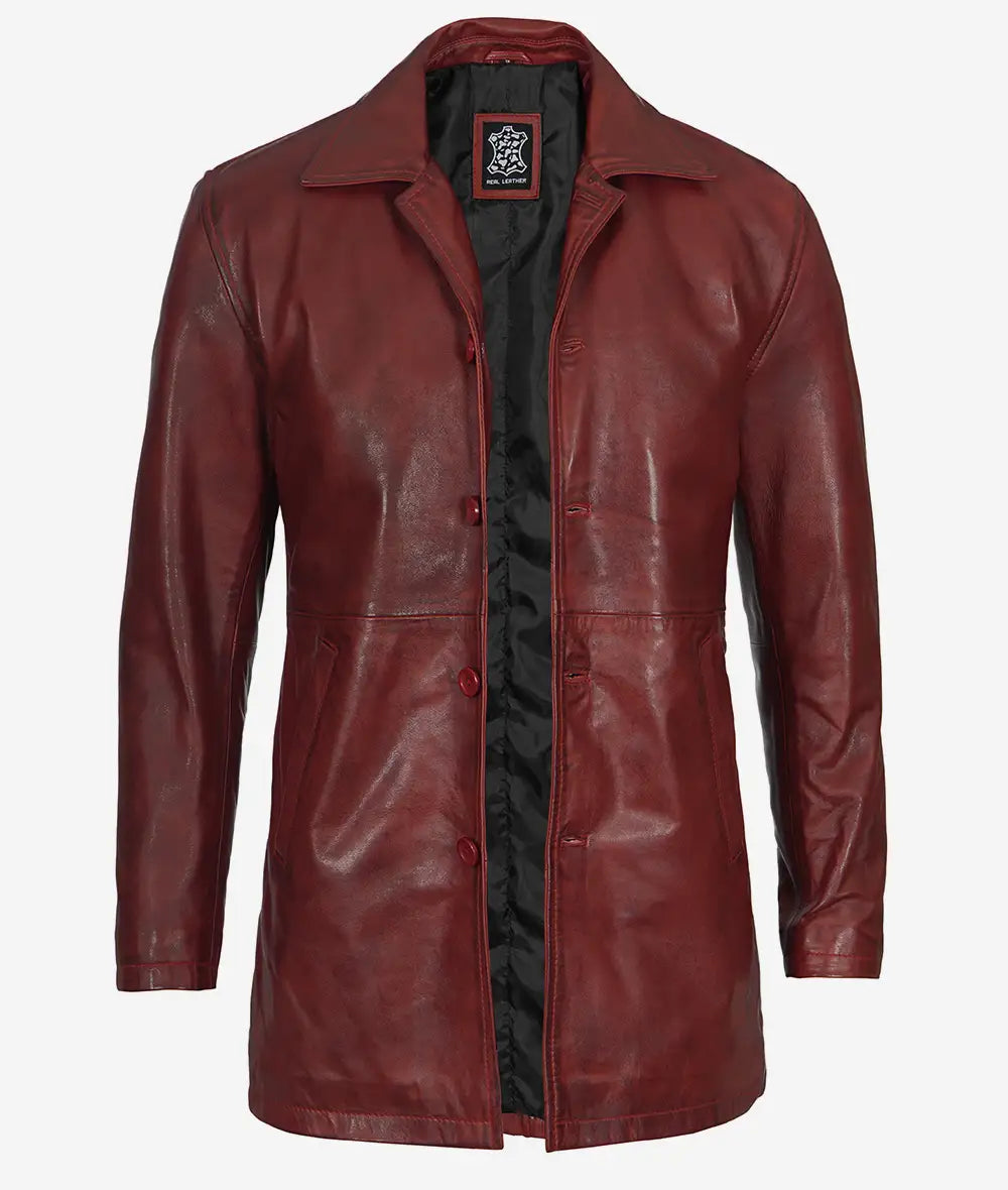 Men's Real Leather Maroon Coat - 3/4 Length