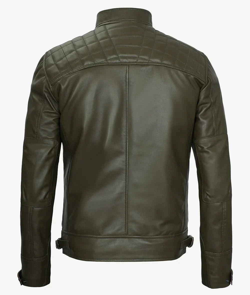 Premium Olive Green Cafe Racer Leather Jacket Men's Quilted Edition