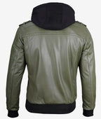 Olive Green Hooded Leather Bomber Jacket for Men