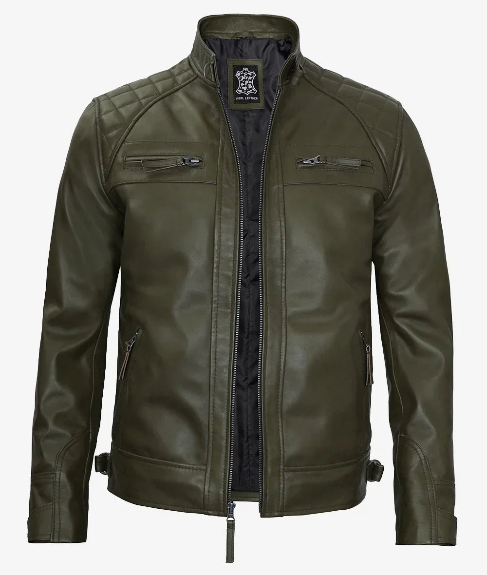 Premium Olive Green Cafe Racer Leather Jacket Men's Quilted Edition