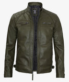 Premium Olive Green Cafe Racer Leather Jacket Men's Quilted Edition