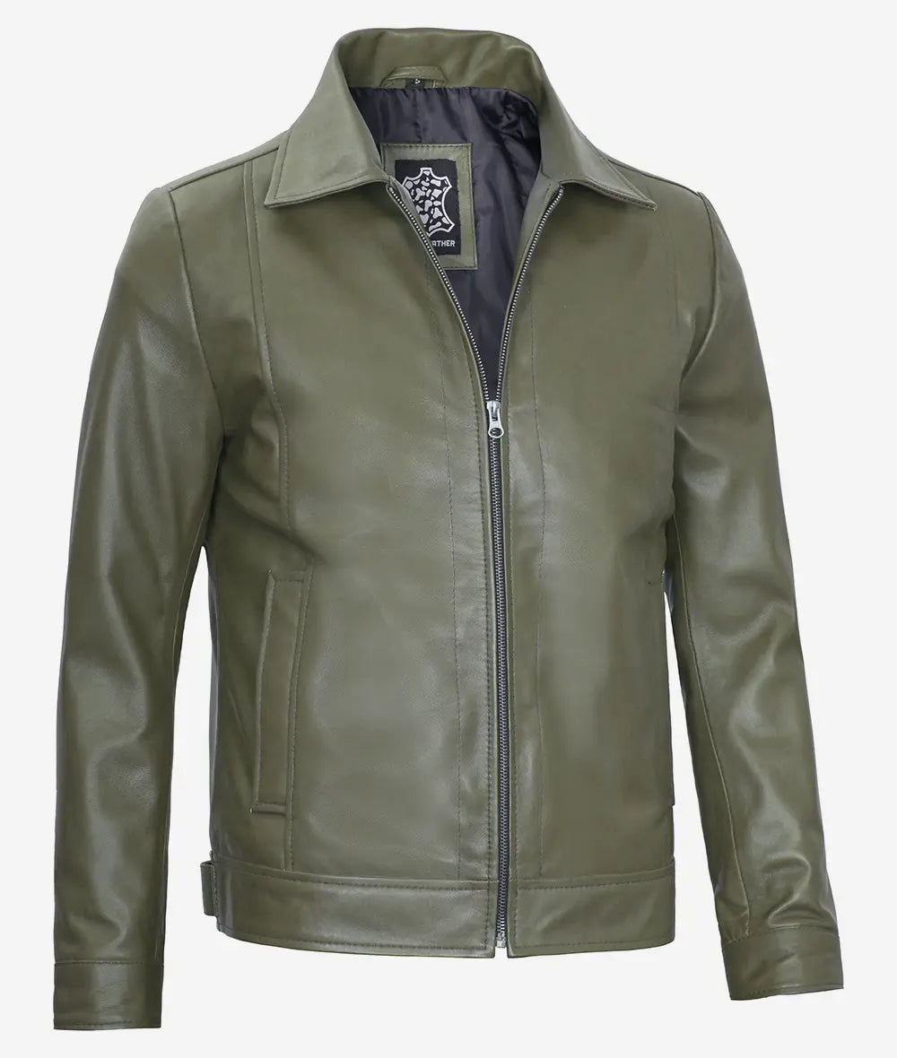 Mens Classic Shirt Collar Olive Green Leather Jacket