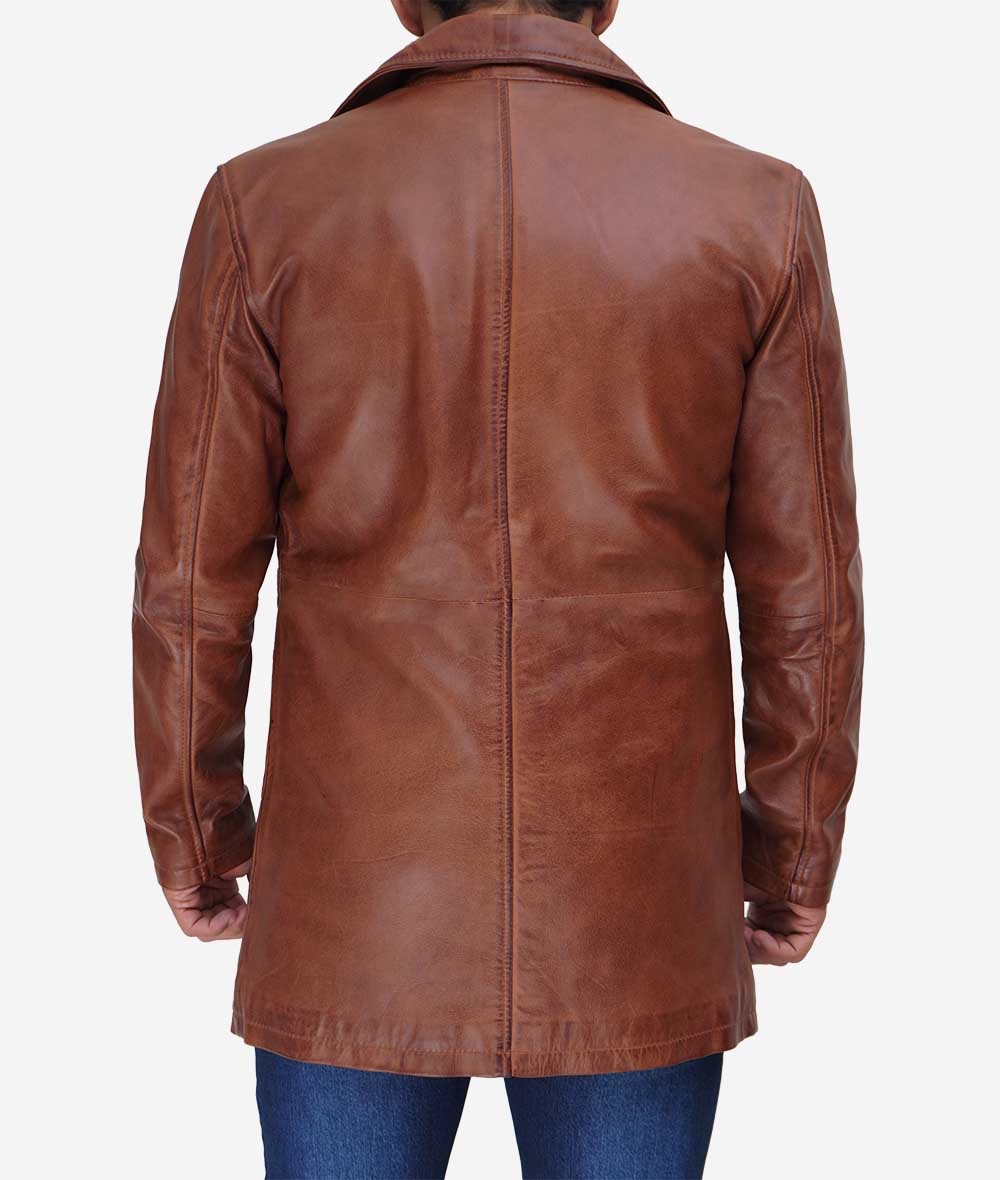 Men’s Real Leather Cognac Car Coat – Button Down Style