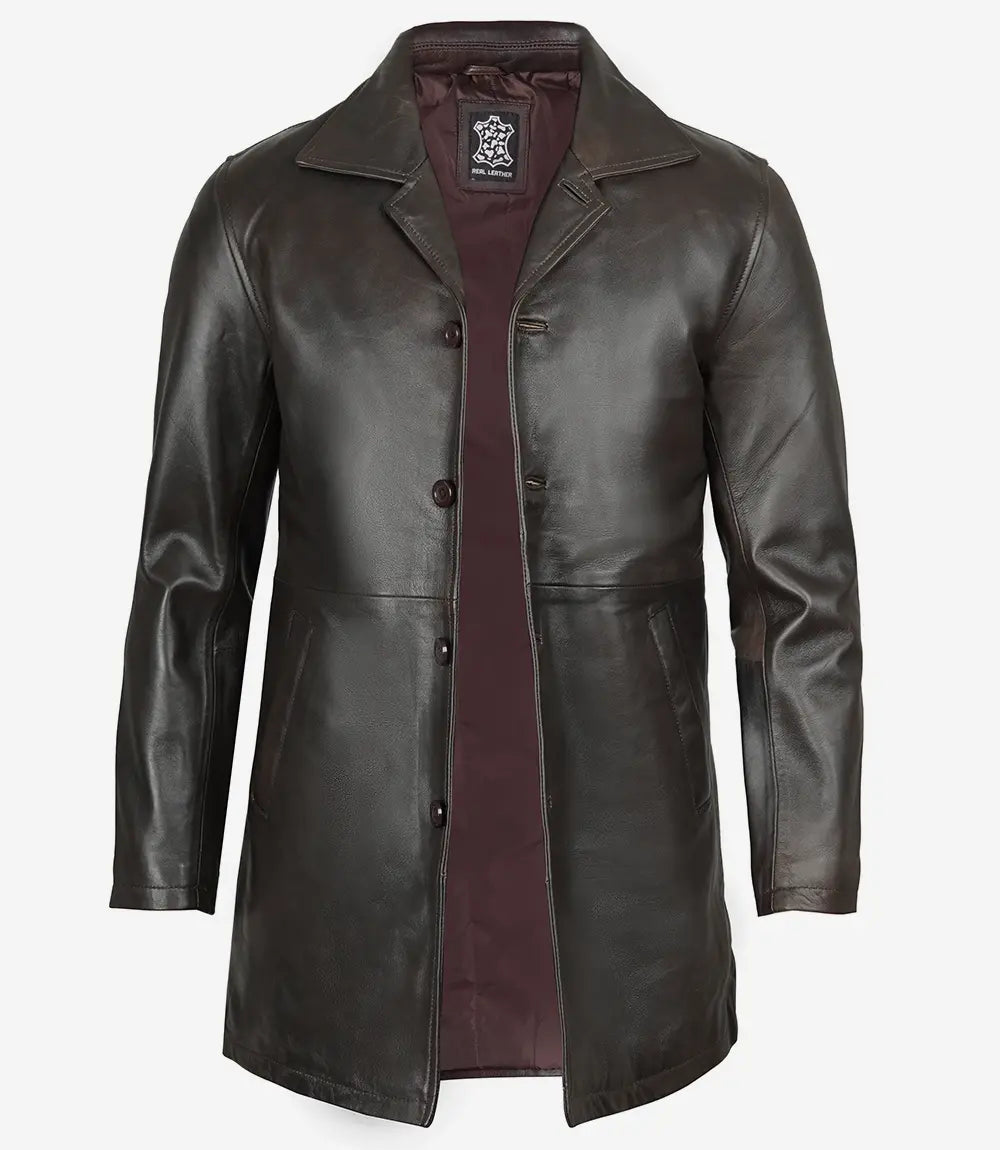 Mens Dark Brown Leather Car Coat – 3/4 Length