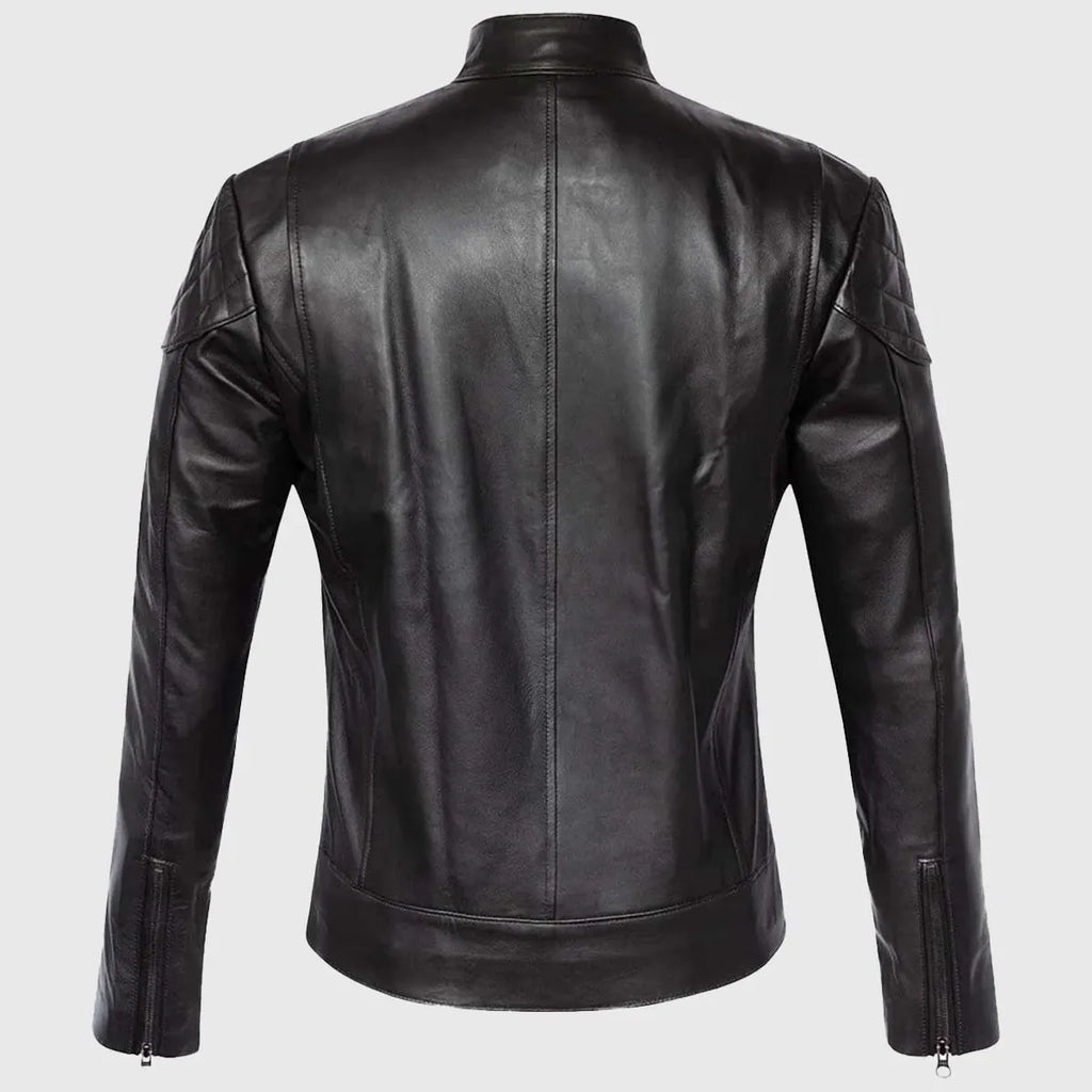 Black Quilted Cafe Racer Biker Leather Jacket