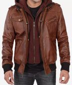 Men’s Hooded Brown Leather Bomber Jacket Tall Fit Edition