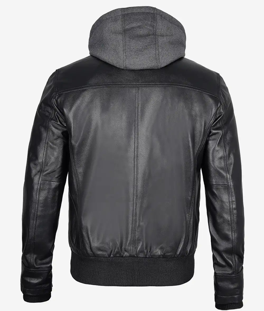 Black Leather Bomber Jacket for Men Detachable Hood