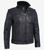 Mens Rugged Black Leather Biker Jacket