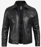 Mens Classic Black Trucker Jacket Four Pocket Leather Design