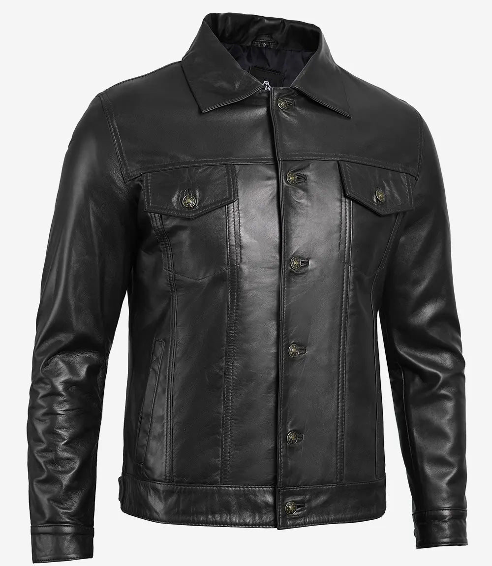 Mens Classic Black Trucker Jacket Four Pocket Leather Design