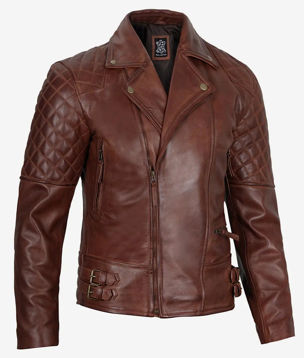 Mens Cognac Leather Motorcycle Jacket Asymmetrical Design