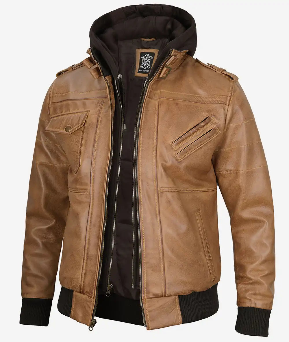 Mens Stylish Camel Brown Leather Bomber Jacket – Removable Hood