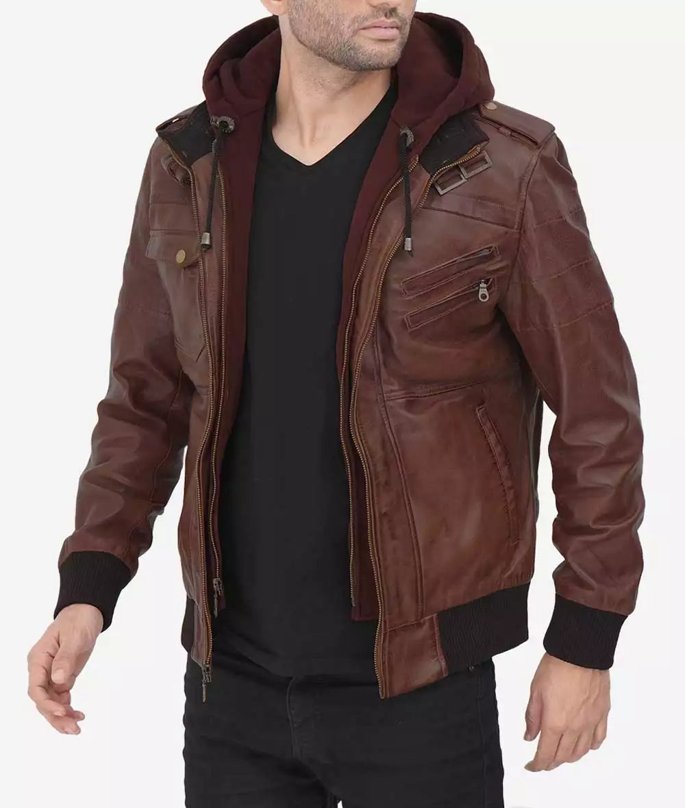 Men’s Tall Fit Dark Brown Leather Bomber Jacket – Hooded & Removable