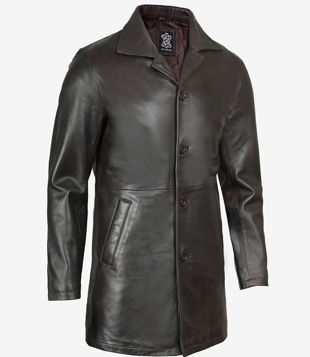 Mens Dark Brown Leather Car Coat – 3/4 Length