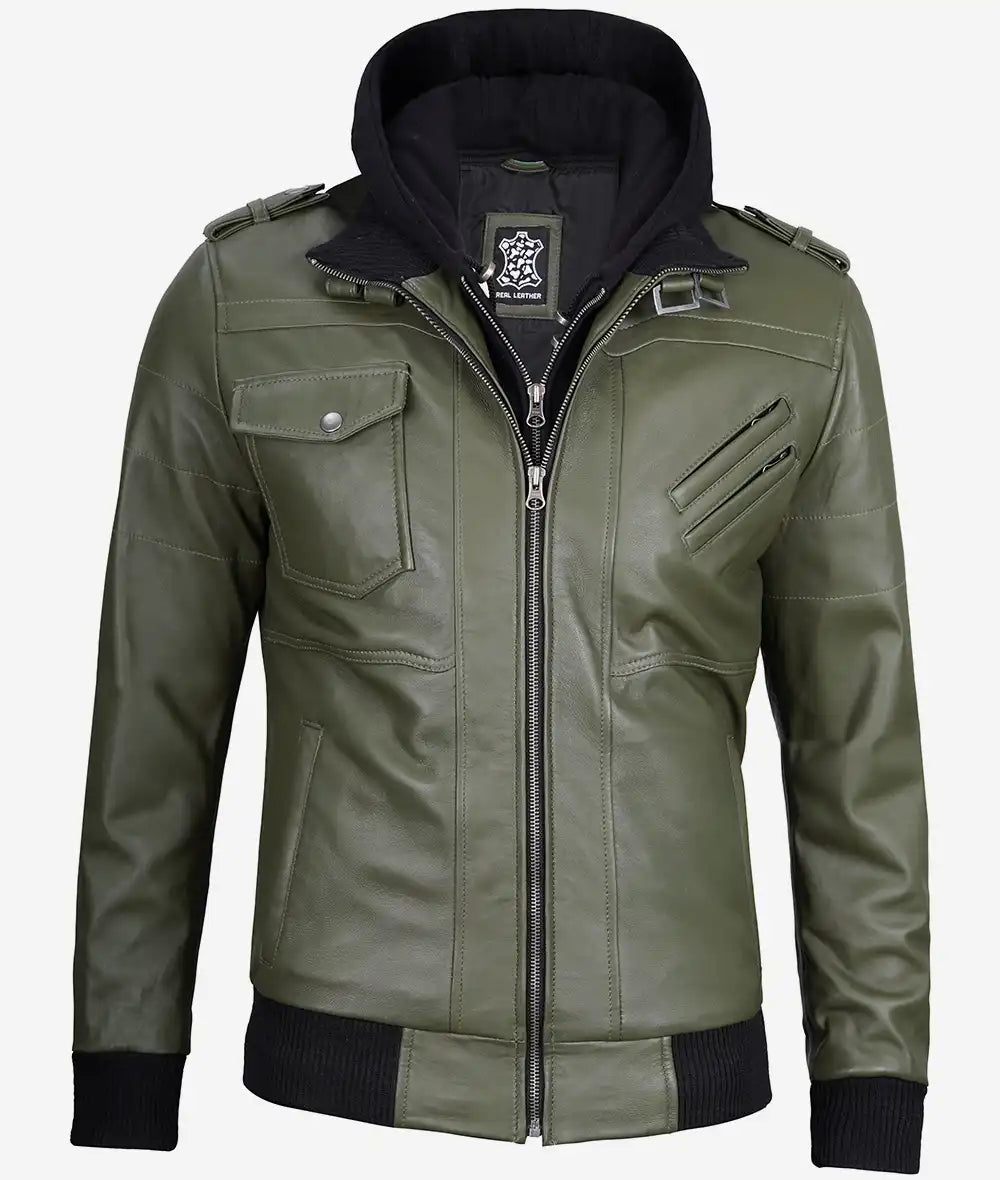 Olive Green Hooded Leather Bomber Jacket for Men