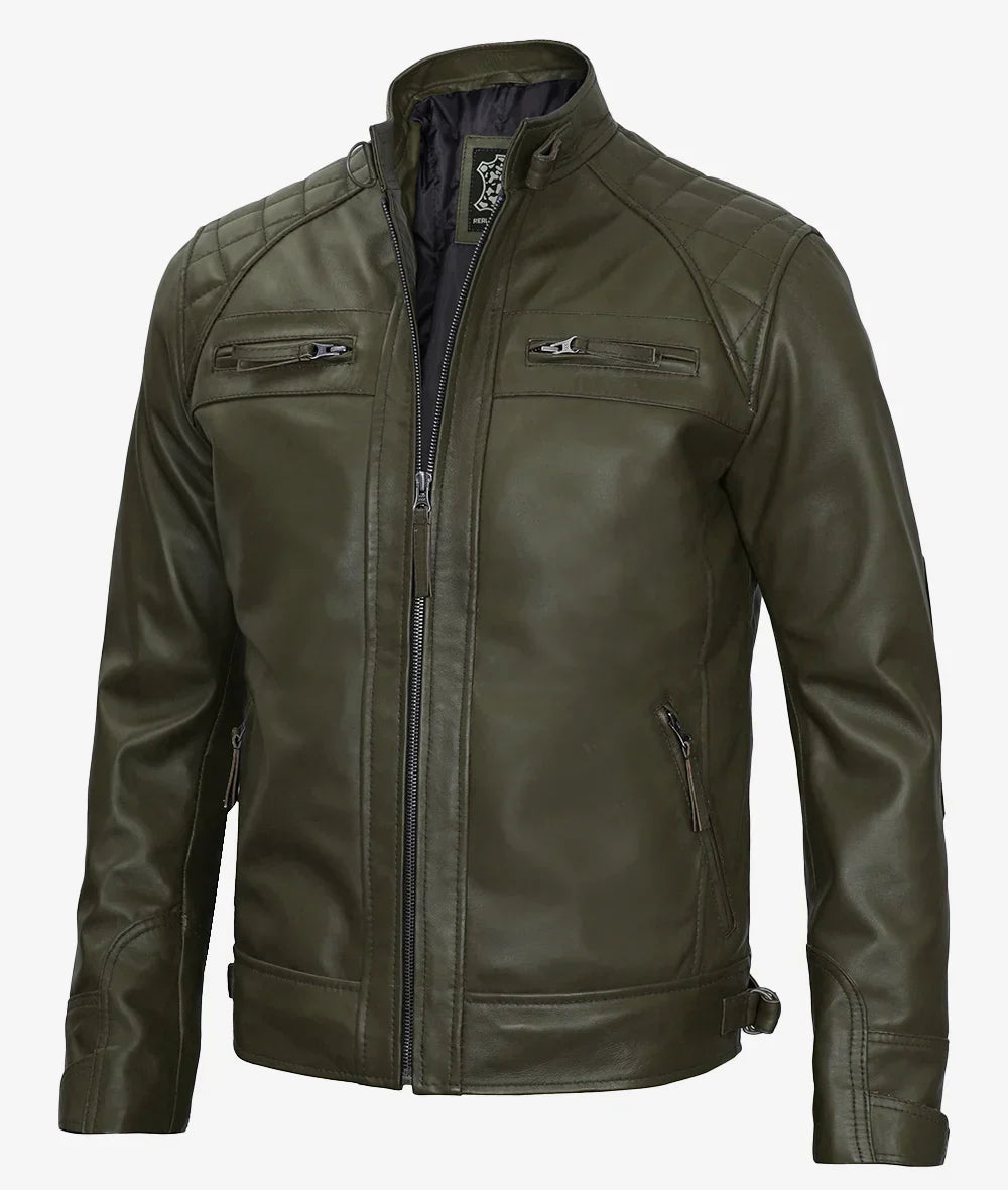 Premium Olive Green Cafe Racer Leather Jacket Men's Quilted Edition