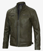 Premium Olive Green Cafe Racer Leather Jacket Men's Quilted Edition